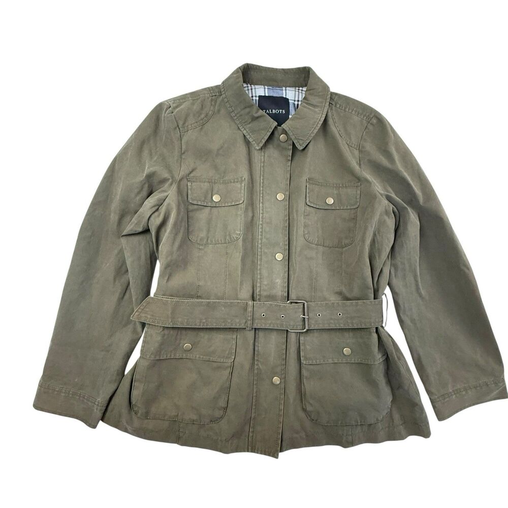 Talbots NEW Canvas Utility Jacket XL Army Green Military Belted Plaid $169